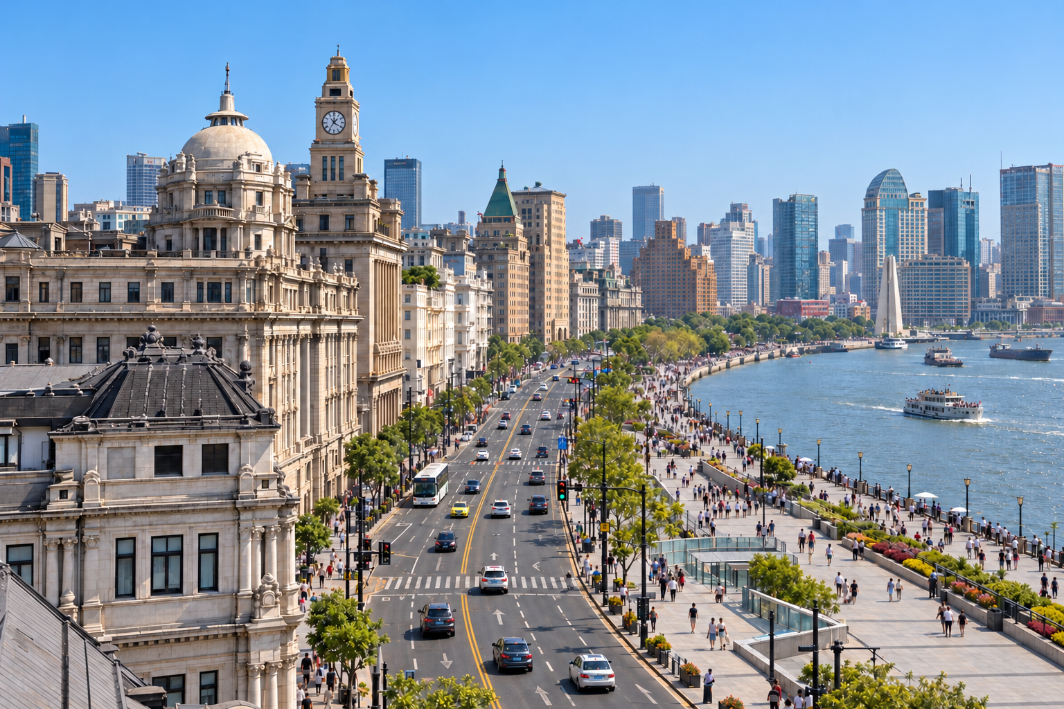 Heutige Ansicht des Bund nach Norden entlang des historischen Ufers und der Skyline des North Bund